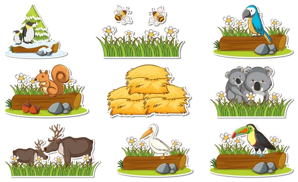 Sticker Set Met Verschillende Wilde Dieren Natuur Elementen Illustratie — Stockvector