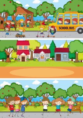 Çizik çocuklar çizgi film karakteri çizimleri ile farklı yatay sahne arkaplanı