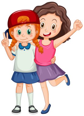 İki tatlı kız birbirine sarılıyor.