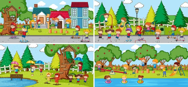 Outdoor Scene Set Many Kids Doodle Cartoon Character Illustration — Stock Vector