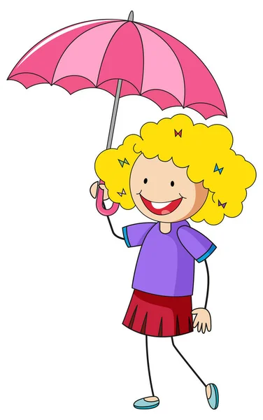 Bambina Che Tiene Mano Ombrello Doodle Cartone Animato Personaggio Illustrazione — Vettoriale Stock