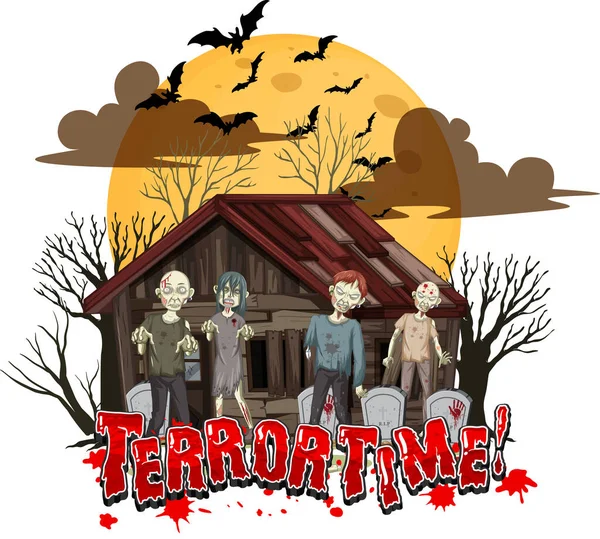 Terror Time Textdesign Mit Haunted House Illustration — Stockvektor