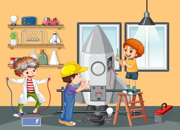Děti Stavění Robot Společně Místnosti Scéně Ilustrace — Stockový vektor