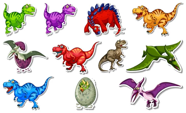 Adesivo Conjunto Com Diferentes Tipos Dinossauros Desenhos Animados Personagens Ilustração — Vetor de Stock