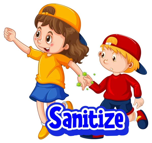 2人の子供の漫画のキャラクターは 白の背景イラストに隔離されたSanitizeフォントで社会的な距離を保ちません — ストックベクタ