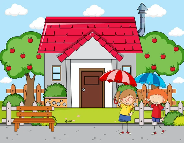 Elinde şemsiye olan bir kızla evin önünde.