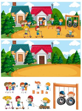 Birçok çocuğun karaladığı oyun alanı sahnesi. Çizgi film karakteri izole edilmiş.