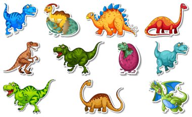 Farklı tip dinozor çizgi film karakterleri çizimleri içeren çıkartma seti