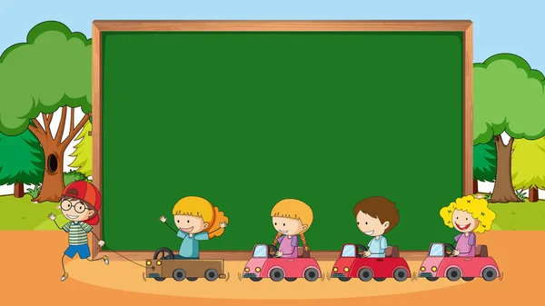 Leere Tafel Parkszene Mit Vielen Kindern Die Zeichentrickfiguren Kritzeln — Stockvektor