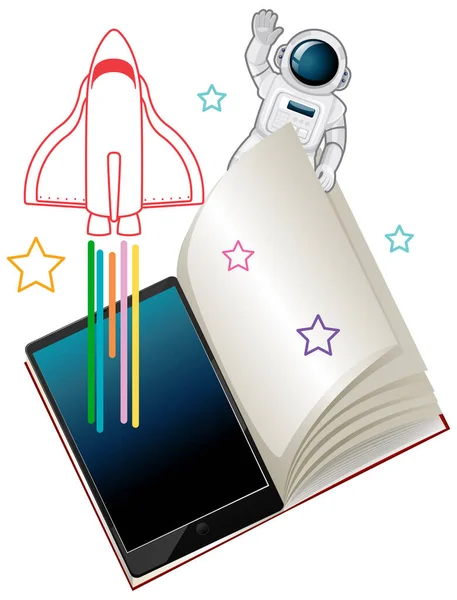 Tablet Med Astronaut Och Rymdskepp Isolerad Vit Bakgrund Illustration — Stock vektor