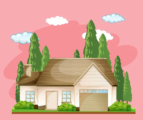 Voorzijde Van Een Huis Met Veel Boom Roze Achtergrond Illustratie — Stockvector