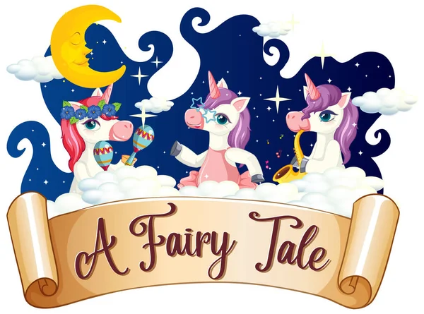 Fonte Fairy Tale Avec Nombreuses Licornes Personnage Dessin Animé Dansant — Image vectorielle