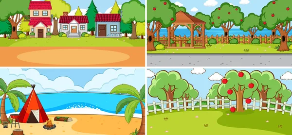 Set Diverse Scene Natura Illustrazione Stile Cartone Animato — Vettoriale Stock
