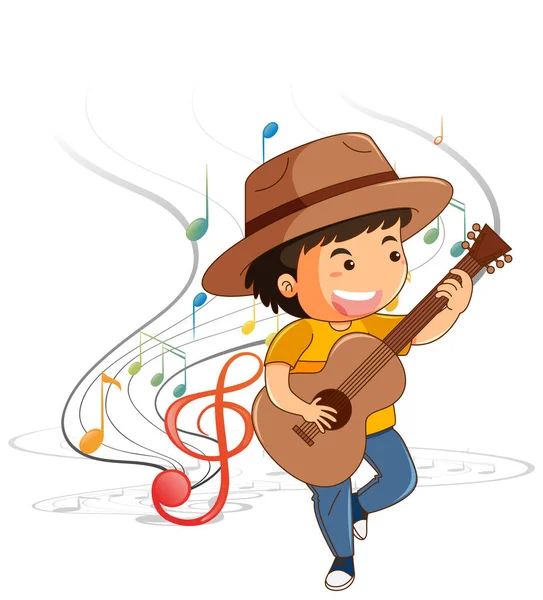 Personagem Desenho Animado Menino Tocando Guitarra Com Símbolos Melodia Ilustração — Vetor de Stock