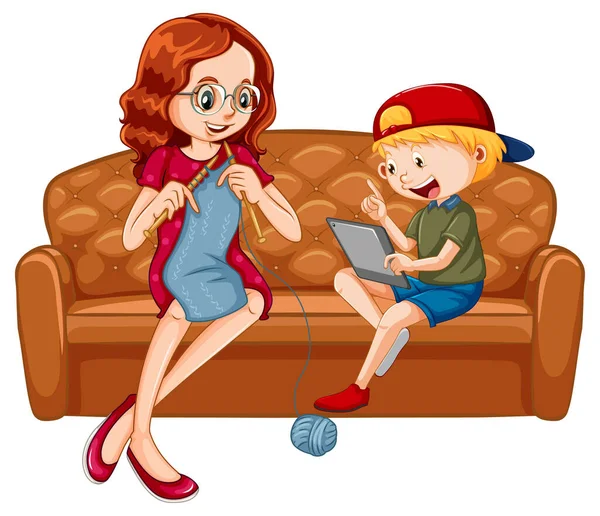 男孩坐在沙发上学习平板电脑与他的母亲插图 — 图库矢量图片