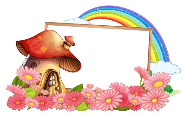 Empty Banner Fantasy Mushroom House Many Flowers Illustration — Stock Vector