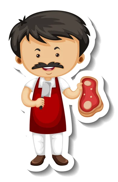 Sticker Template Meat Seller Man Cartoon Character Isolated Illustration — Stock Vector
