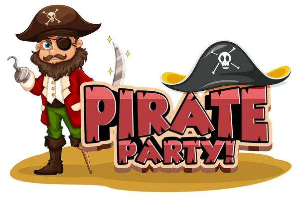 Pirate Party Czcionek Banner Pirat Człowiek Postać Kreskówek Ilustracja — Wektor stockowy