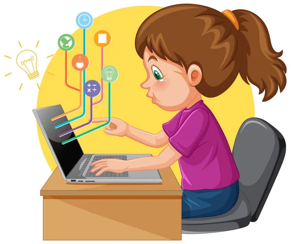 Ein Mädchen Nutzt Laptop Computer Für Fernunterricht Online Illustration — Stockvektor