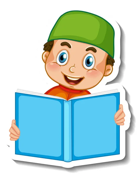 Szablon Naklejki Muzułmaninem Chłopiec Czytanie Książki Odizolowane Ilustracji — Wektor stockowy