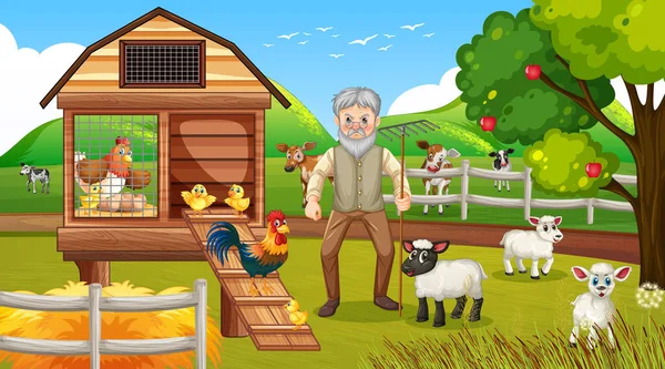 Farm Daytime Scene Old Farmer Man Farm Animals Illustration — Stock Vector