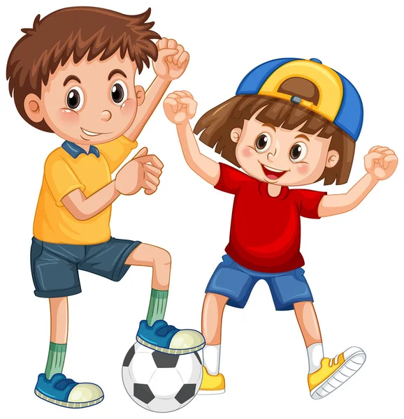 Due Bambini Che Giocano Calcio Cartone Animato Personaggio Illustrazione — Vettoriale Stock