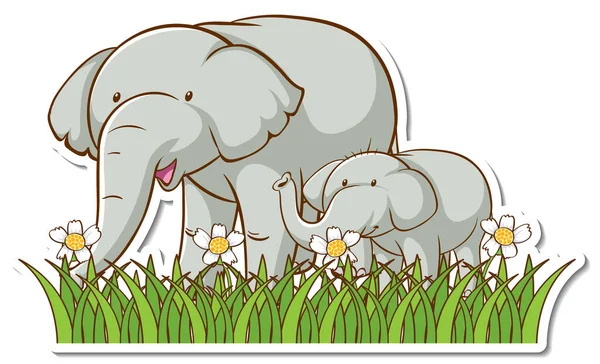 Olifant Moeder Baby Staan Gras Veld Sticker Illustratie — Stockvector