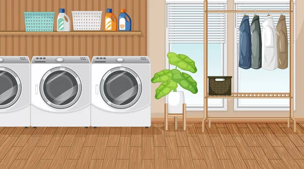 洗濯機と服ハンガーイラスト付きのランドリールームシーン — ストックベクタ