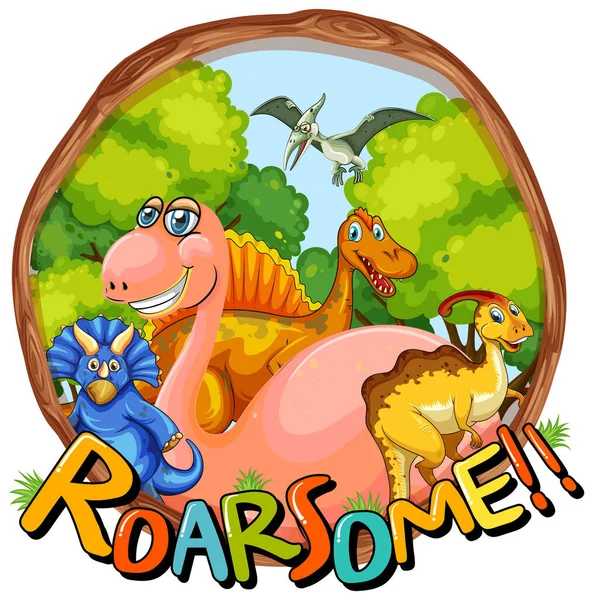 Roar Sommige Woord Typografie Met Dinosaurus Karakter Groep Illustratie — Stockvector