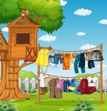 Bir sürü kıyafet evin dışında bir çizgide asılı.