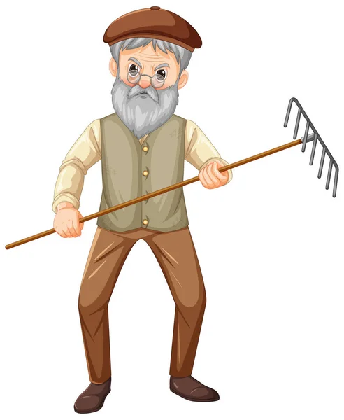 Old Farmer Man Cartoon Character Holding Rake Garden Tool Illustration — Stock Vector