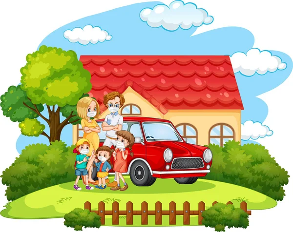 Gelukkige Familie Buiten Met Een Auto Geïsoleerde Illustratie — Stockvector