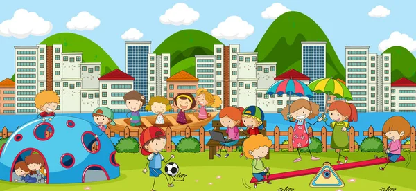 Cena Livre Com Muitas Crianças Brincando Ilustração Parque — Vetor de Stock