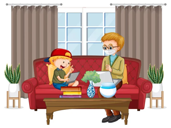 Junge Sitzt Auf Couch Und Lernt Von Tablet Illustration — Stockvektor