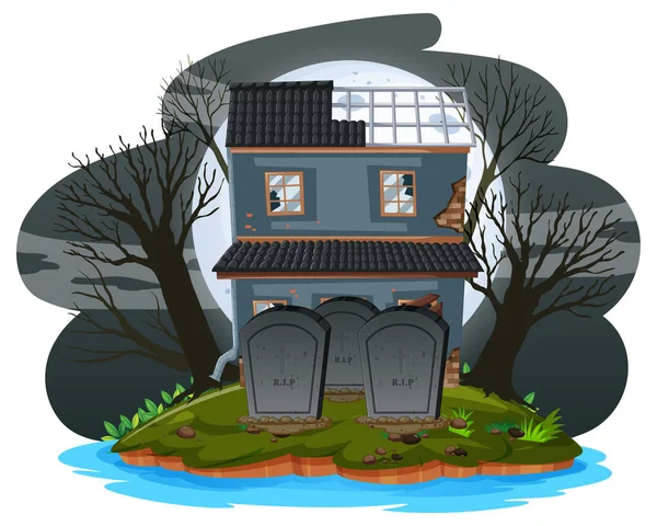 Halloween Abbandonato Casa Notte Illustrazione — Vettoriale Stock