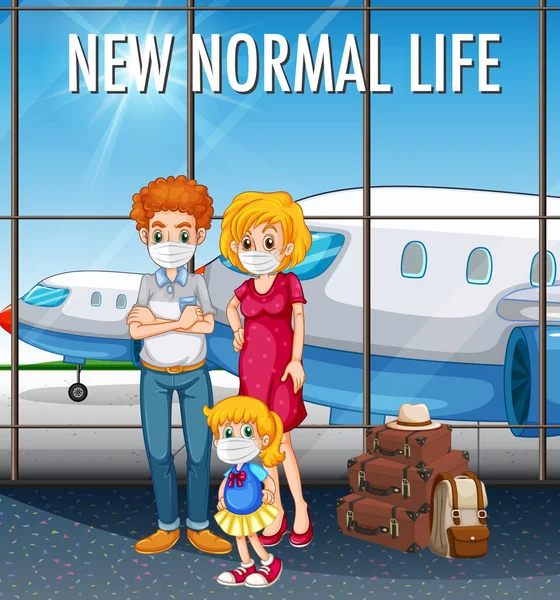 Neues Normales Leben Mit Glücklicher Familie Flughafen — Stockvektor