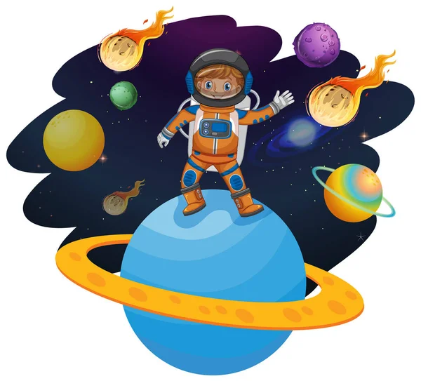 Astronaut Steht Auf Einem Planeten Illustration — Stockvektor