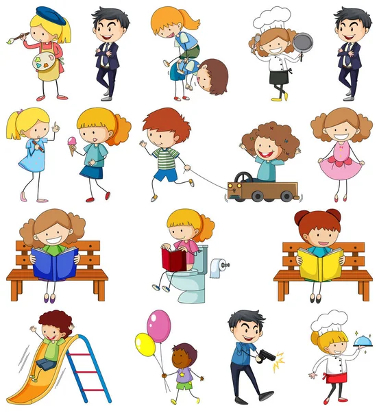 Ensemble Différentes Illustrations Personnages Dessins Animés Pour Enfants Doodle — Image vectorielle