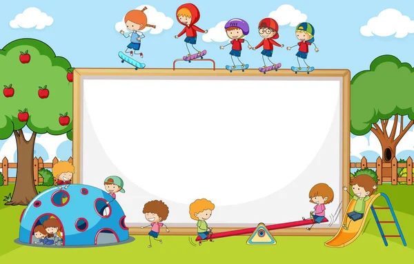 Spielplatz Szene Mit Leerem Banner Viele Kinder Kritzeln Zeichentrickfigur Illustration — Stockvektor