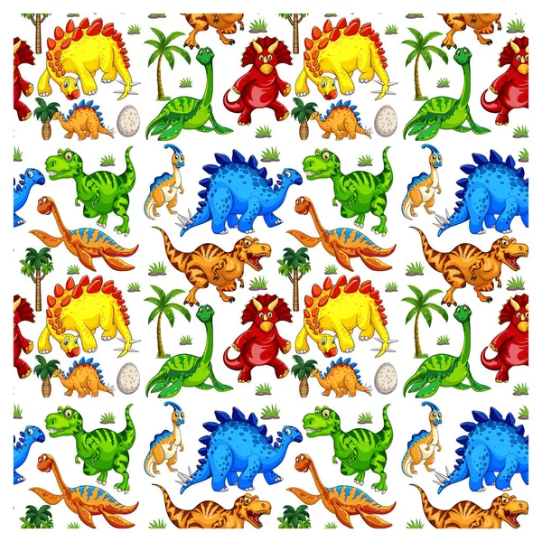 Naadloos Patroon Met Verschillende Dinosaurussen Witte Achtergrond Illustratie — Stockvector
