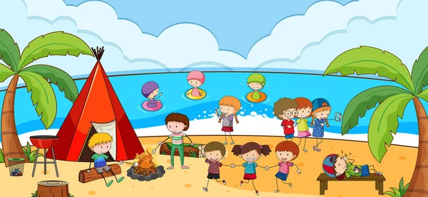 Playa Escena Aire Libre Con Muchos Niños Acampando Playa Ilustración — Archivo Imágenes Vectoriales