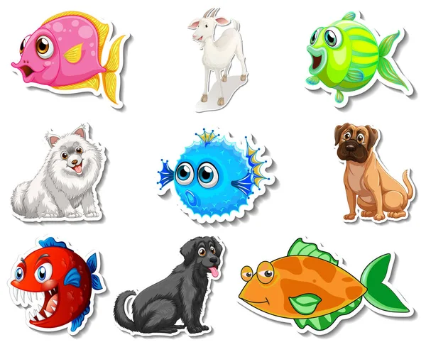Σύνολο Αυτοκόλλητων Θαλάσσια Ζώα Και Σκύλους Εικονογράφηση Χαρακτήρα Κινουμένων Σχεδίων Royalty Free Εικονογραφήσεις Αρχείου