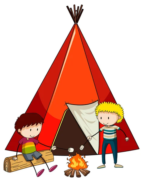 Camping Tenda Con Doodle Bambini Cartone Animato Personaggio Isolato Illustrazione — Vettoriale Stock