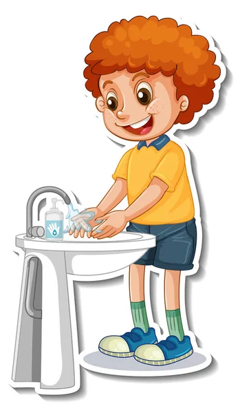 Sebuah Templat Stiker Dengan Anak Laki Laki Mencuci Tangan Dengan - Stok Vektor