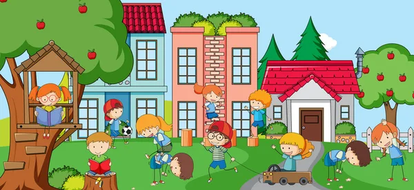 Utomhusscen Med Många Barn Som Leker Lekplatsen Illustration — Stock vektor