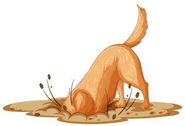 Beyaz arkaplan illüstrasyonunda köpek toprağı kazıyor