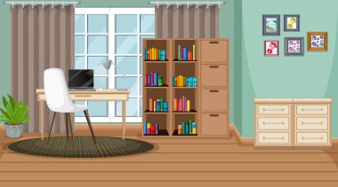 Çalışma odası sahnesinde masanın üstünde dizüstü bilgisayar vardı.