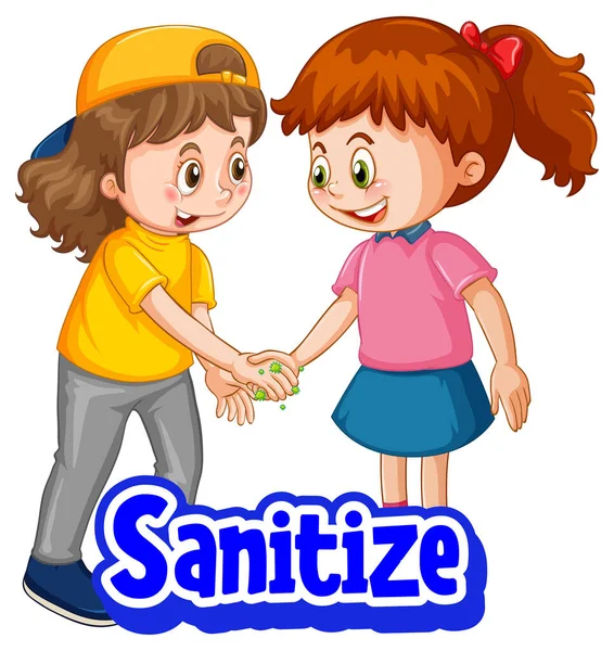 Sanitize Fuente Estilo Dibujos Animados Con Dos Niños Mantienen Distancia — Vector de stock