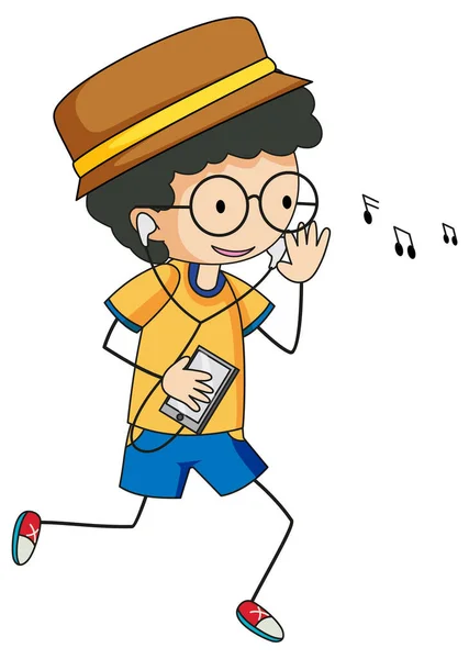 Cute Boy Słuchanie Muzyki Doodle Postać Kreskówek Odizolowanych Ilustracji — Wektor stockowy