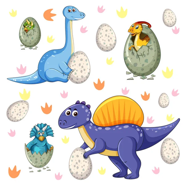 Sada Izolovaných Různých Dinosaurů Kreslený Znak Bílém Pozadí Ilustrace — Stockový vektor